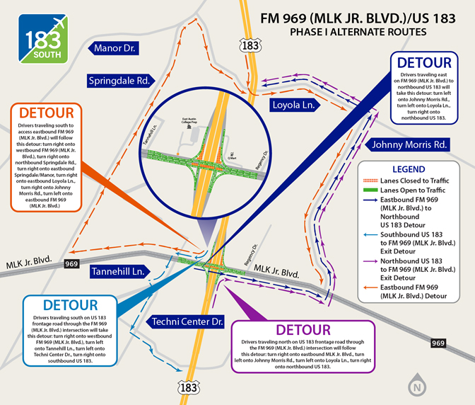 Map showing alternate routes at FM 969 (MLK Jr. Blvd) for Phase I