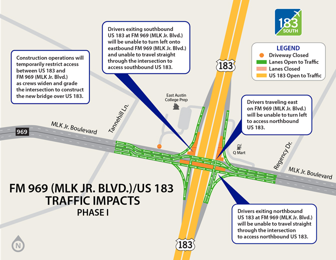 Map showing traffic impacts at FM 969 (MLK Jr. Blvd) for Phase I
